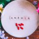 Wooden cubes with text Anemia on a plate with red iron tablets on a wooden table, with flowers in the background